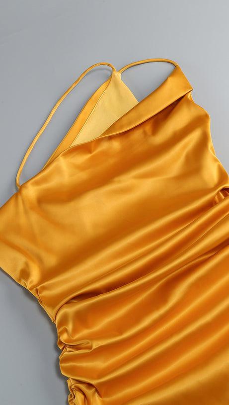 ORANGE SATIN ASYMMETRIC NECKLINE RUCHED MAXI DRESS