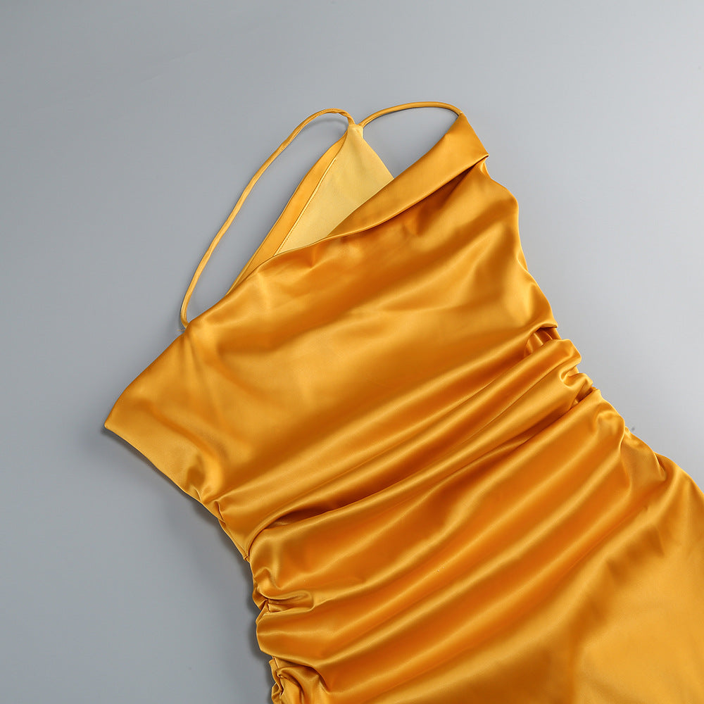 AIIZIE ORANGE SATIN ASYMMETRIC NECKLINE RUCHED MAXI DRESS - product image