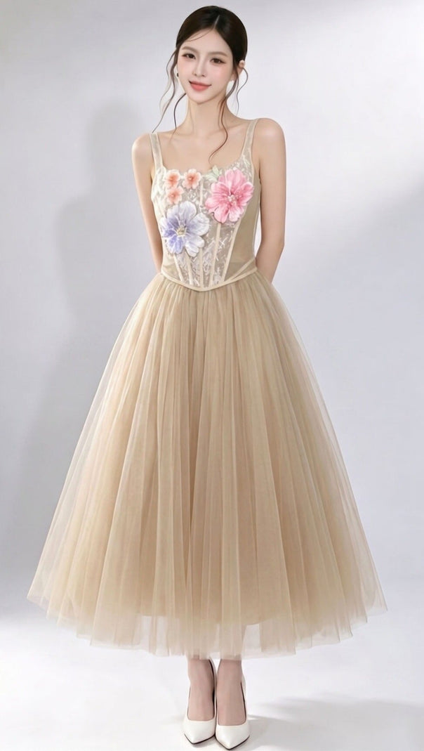 3D floral camisole top & tulle skirt set -  champagne