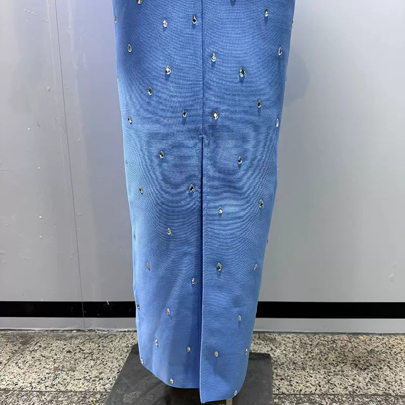 CREPE RAINDROPS EMBROIDERY MAXI DRESS IN BLUE