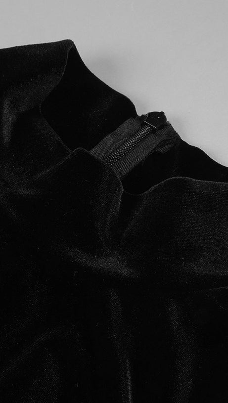 ABITO LUNGO IN PATCHWORK DI VELLUTO E RETE NERO