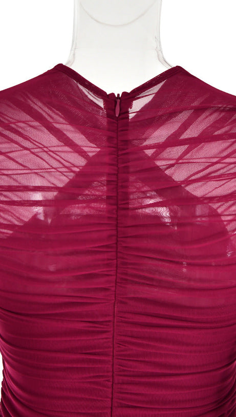 LONG SLEEVE RUCHED MESH DRESS IN WINE