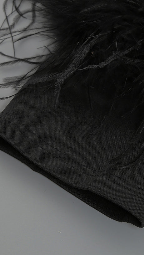 OFF-SHOULDER FEATHER PANEL BLACK DRESS