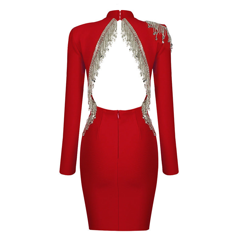 RED LONG - SLEEVED BACKLESS BEADED BANDAGE MINI DRESS