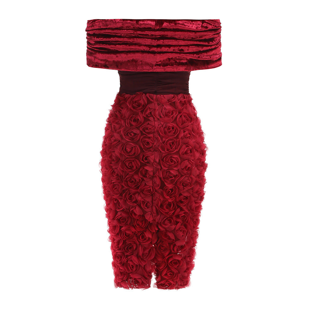 AIIZIE RED VELVET OFF - SHOULDER FLORAL APPLIQUE MIDI DRESS - product image