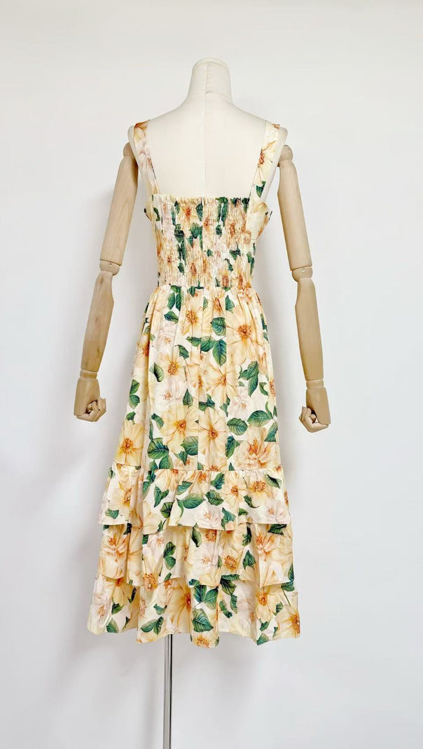 AIIZIE CAMELLIA-PRINT POPLIN MIDI DRESS IN YELLOW - product image