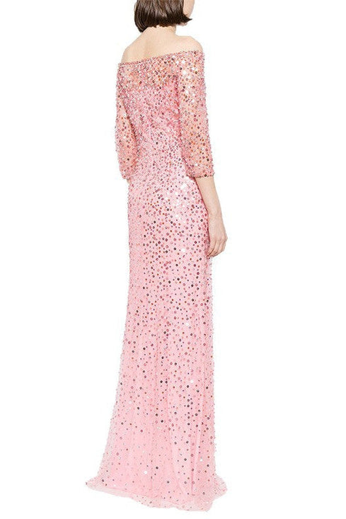 Blush Pink Sequin Mermaid Gown Off-Shoulder Long Dress