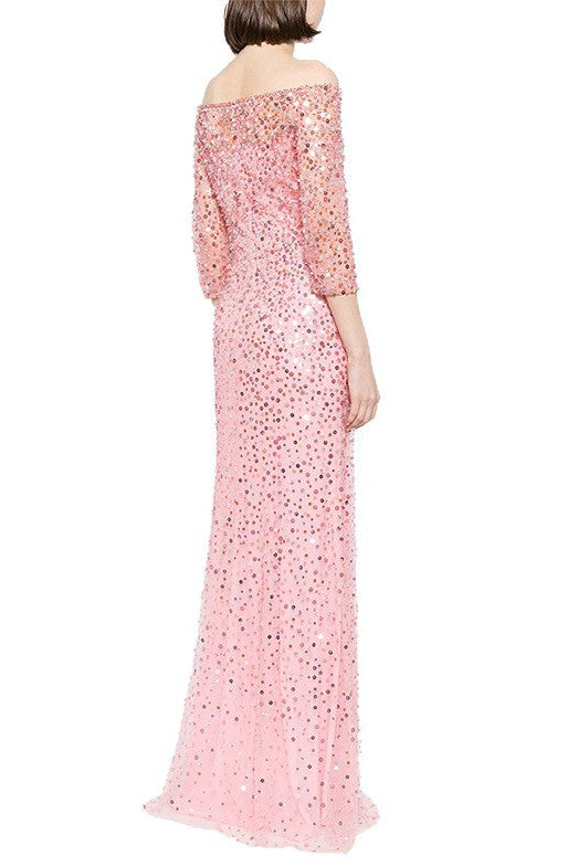 Blush Pink Sequin Mermaid Gown Off-Shoulder Long Dress