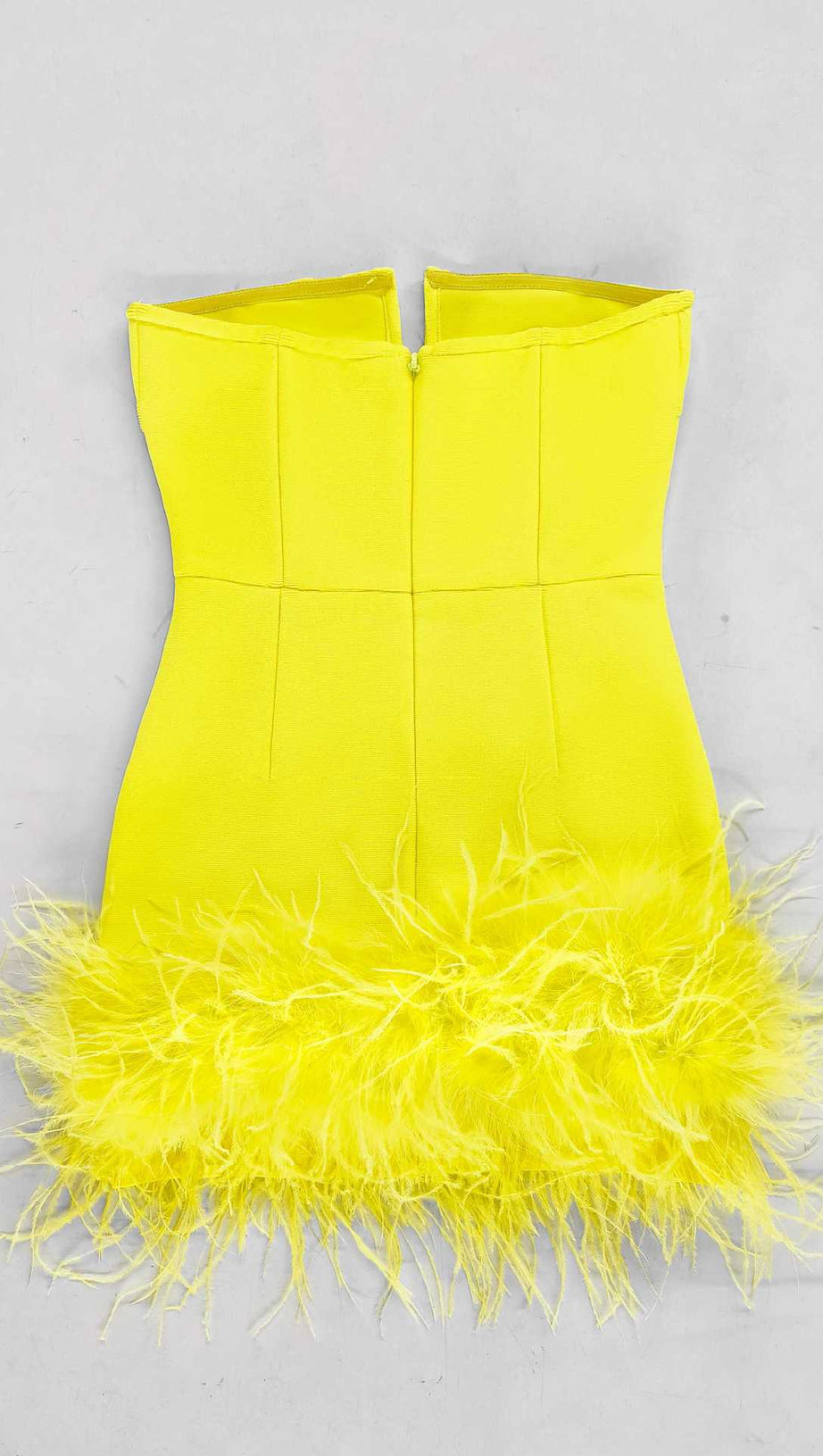 DEEP V TUBE TOP OSTRICH FEATHER HIP-WRAPPED MINI DRESS YELLOW
