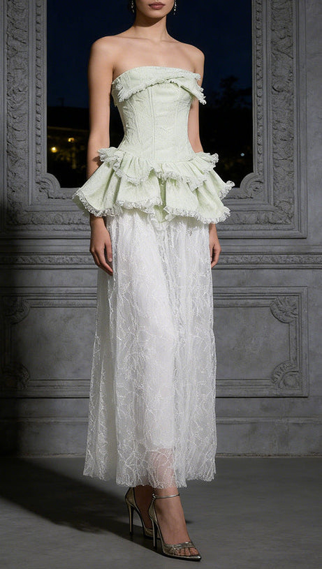 Green Strapless Lace-Paneled Fitted Maxi Dress
