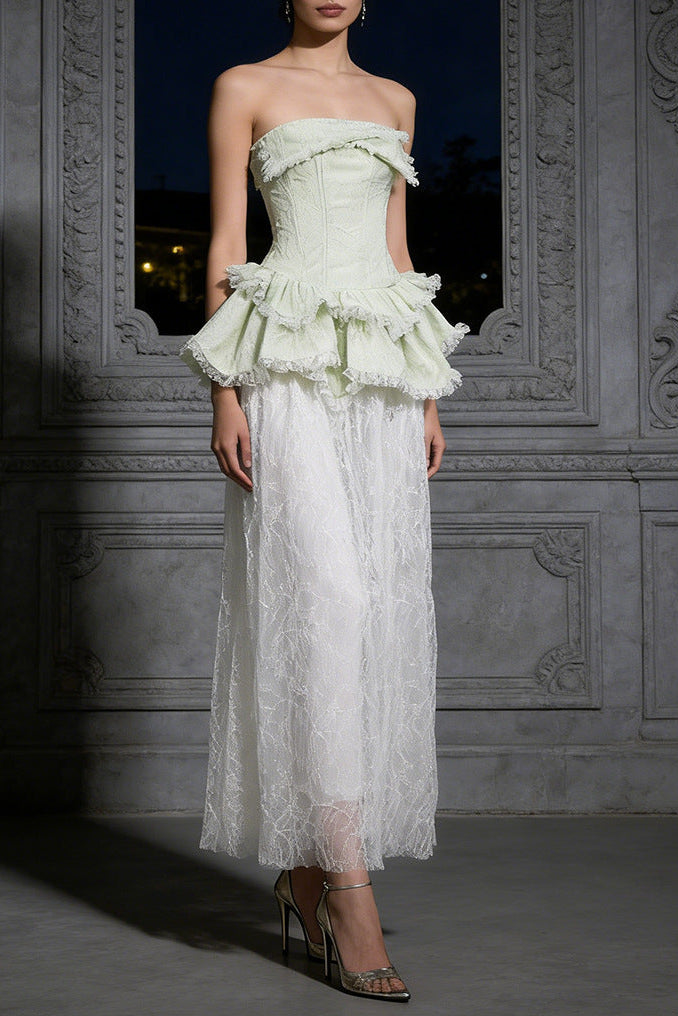 Green Strapless Lace-Paneled Fitted Maxi Dress