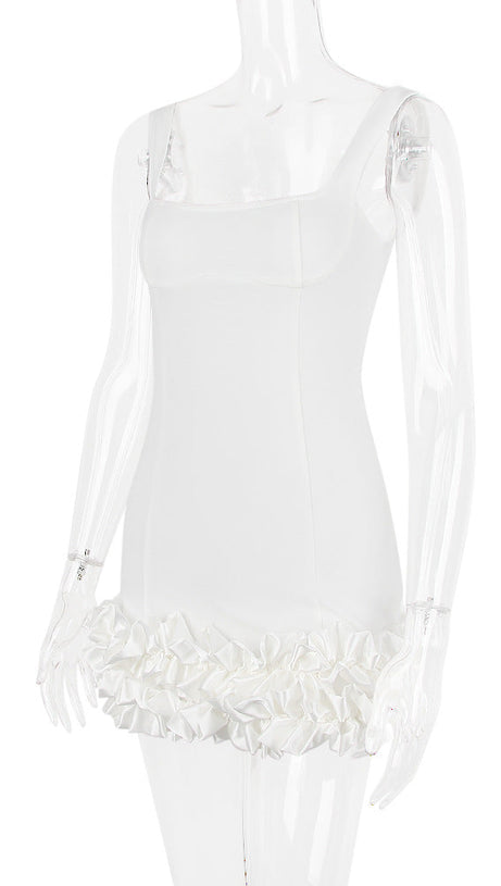 WHITE RUFFLE SATIN DRESS