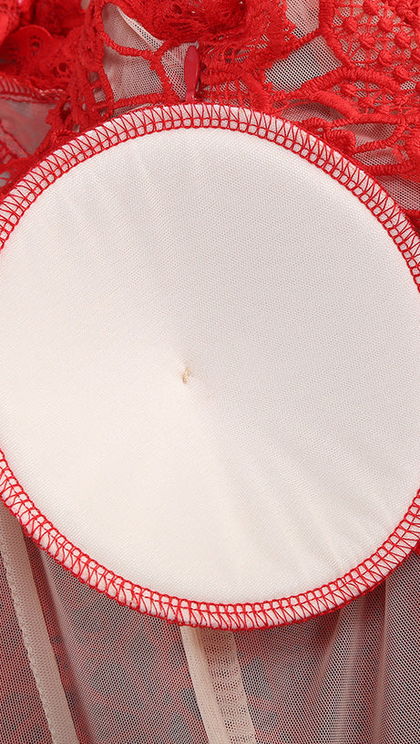 LACE-EMBELLISHED TRUMPET SLEEVE JUMPSUITS IN RED