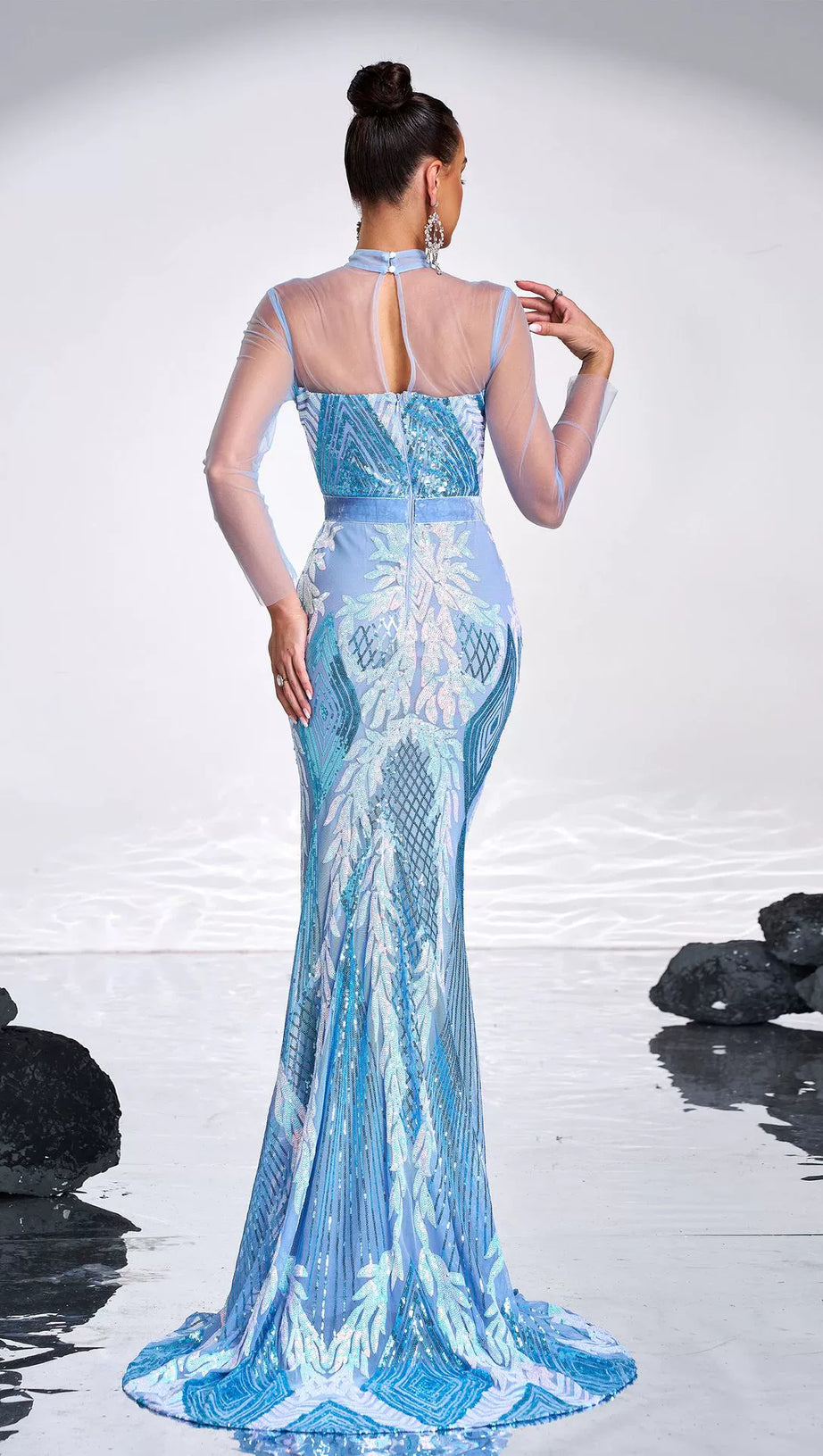 STAND COLLAR MERMAID MAXI DRESS IN LIGHT BLUE