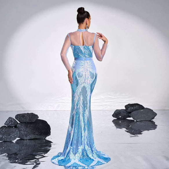 STAND COLLAR MERMAID MAXI DRESS IN LIGHT BLUE
