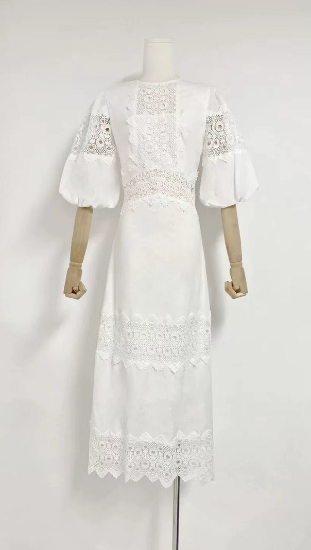 AIIZIE HAZEL WHITE EMBROIDERED ROUND NECK PUFF SLEEVE MIDI DRESS - product image