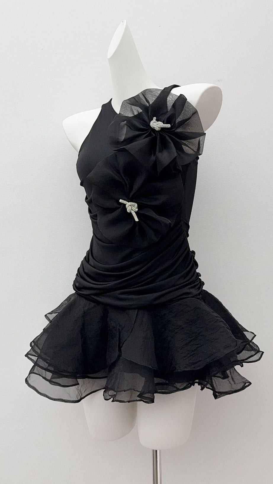 BLACK ROUND NECK SLEEVELESS RUFFLED MINI DRESS