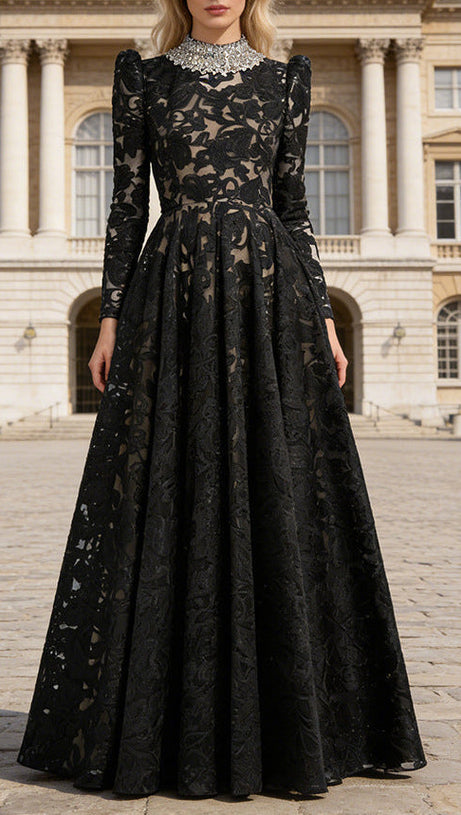 black mesh diamond embroidered maxi dress