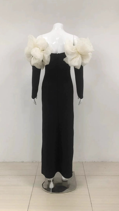 BOWKNOT FLORAL-SHAPE EMBELLISHED MAXI DRESS IN BLACK