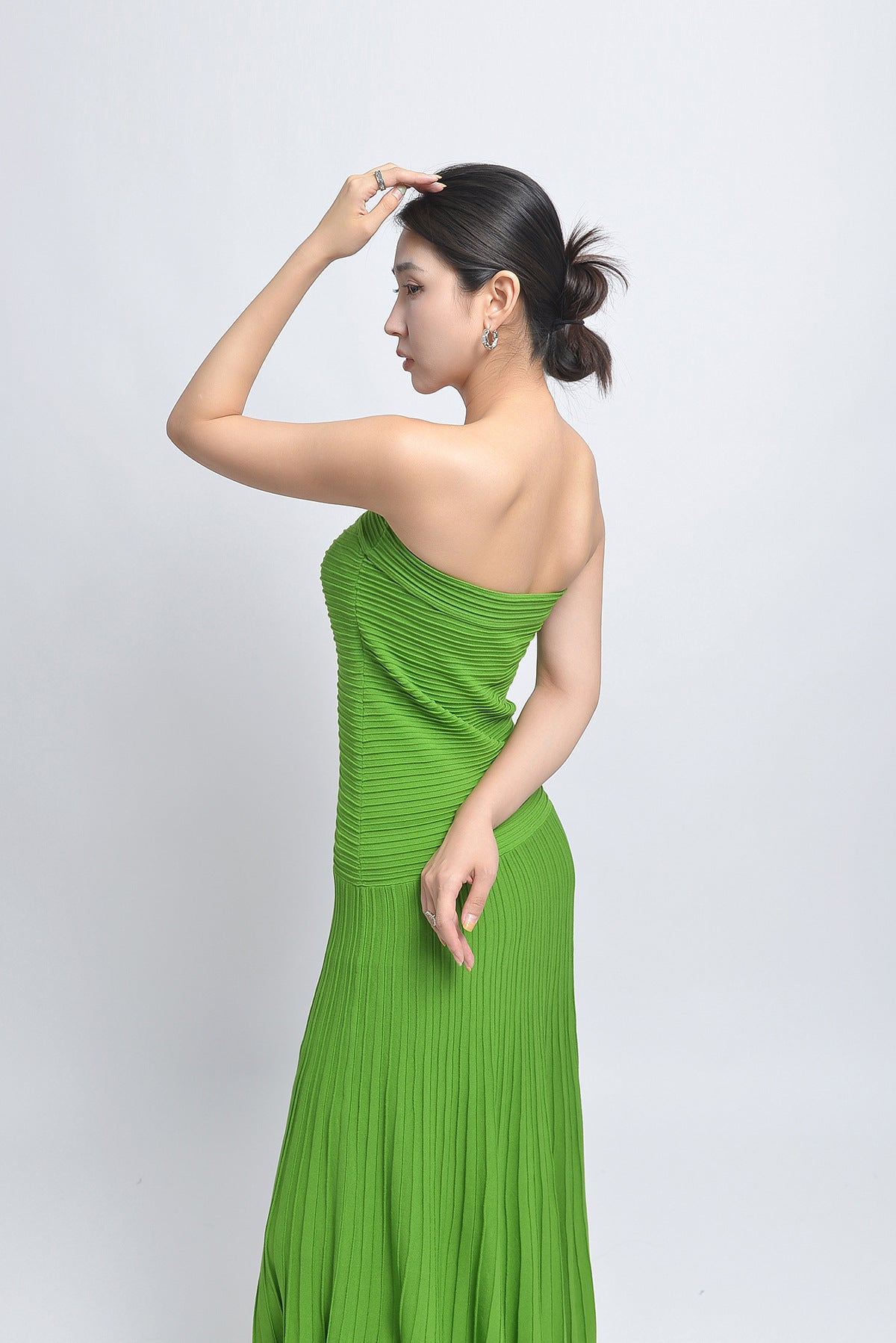 pleated belt chiffon strapless maxi dress in green