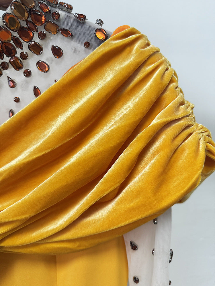 Mesh-paneled beaded rhinestone-embellished maxi dress - yellow