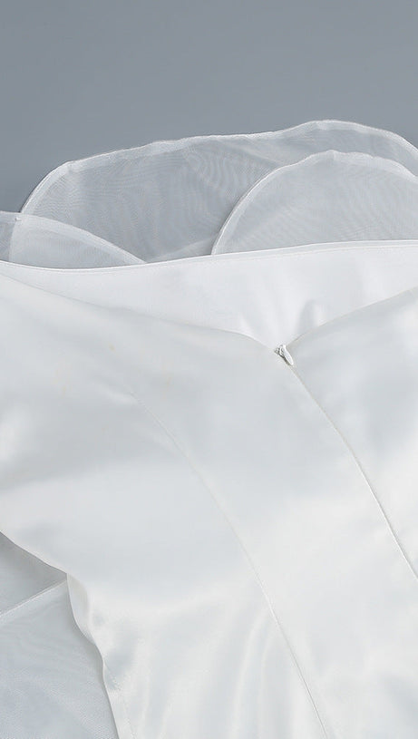 ANDREA MESH FLOWER ONE SHOULDER MIDI DRESS IN WHITE