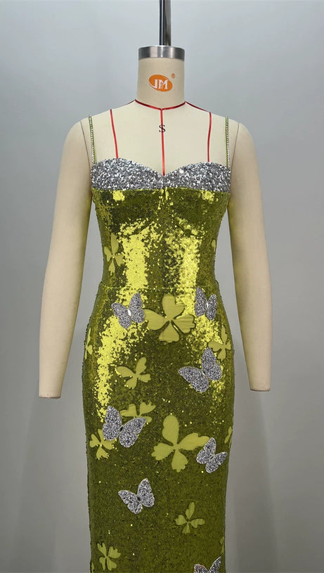 SEQUIN BOW PRINT BODYCON MAXI DRESS IN GREEN