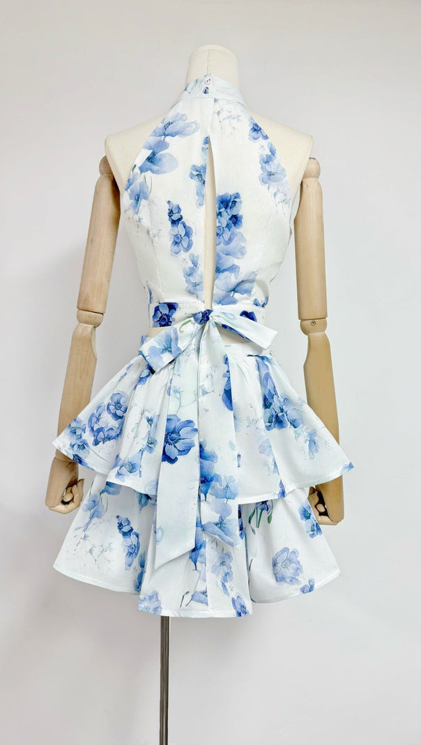AIIZIE JESSICA PRINTED BACKLESS HALTER TOP SKIRT SET IN BLUE - product image