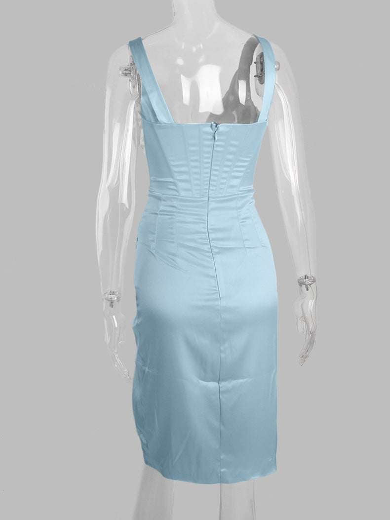 ABITO MIDI CON CORSETTO IN RASO BLU