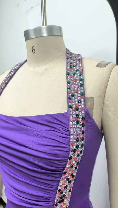 MULTICOLOR-PEARL EMBELLISHED PURPLE HALTER MAXI DRESS