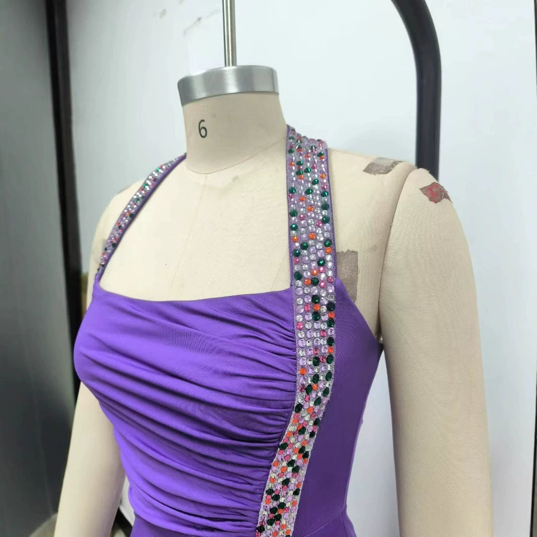 AIIZIE MULTICOLOR-PEARL EMBELLISHED PURPLE HALTER MAXI DRESS - product image