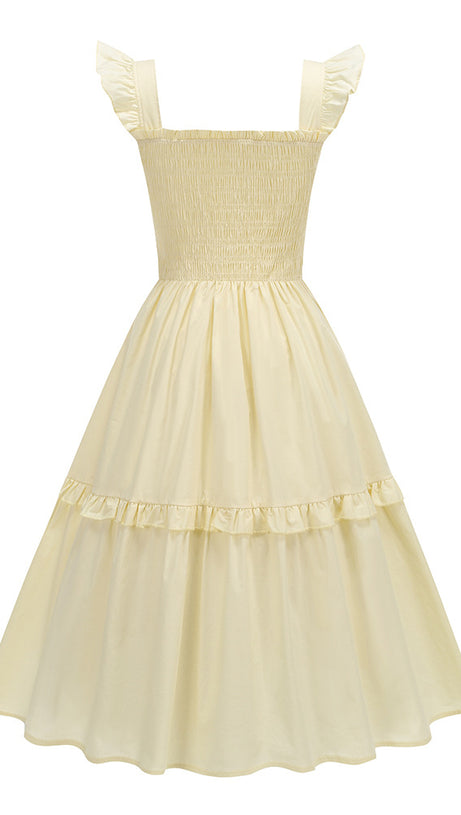 Gelbes Midikleid mit Blumenmuster und Rüschen und quadratischem Ausschnitt 