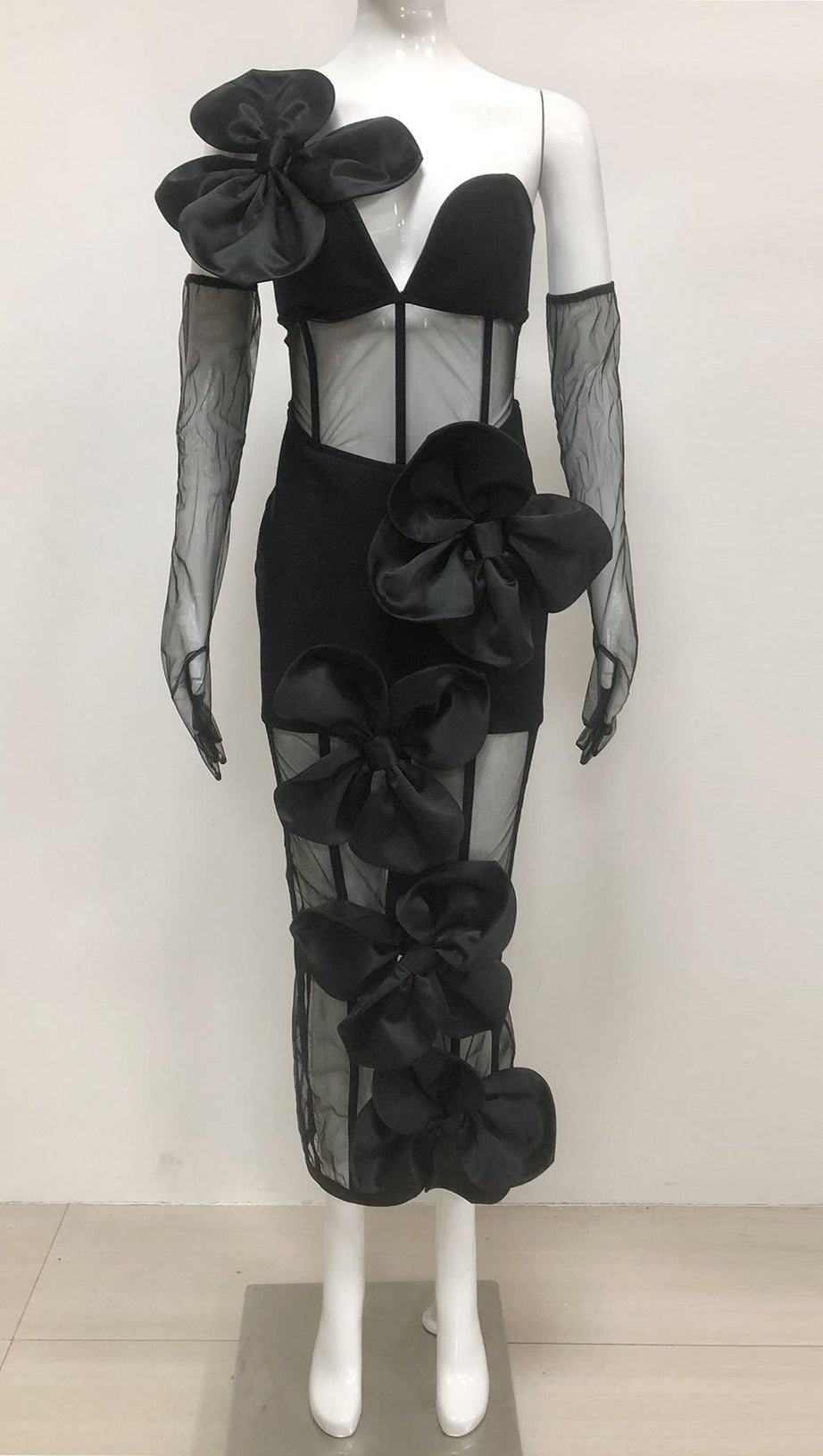 STRAPLESS FLORAL MESH BANDAGE DRESS MIDI DRESS BLACK