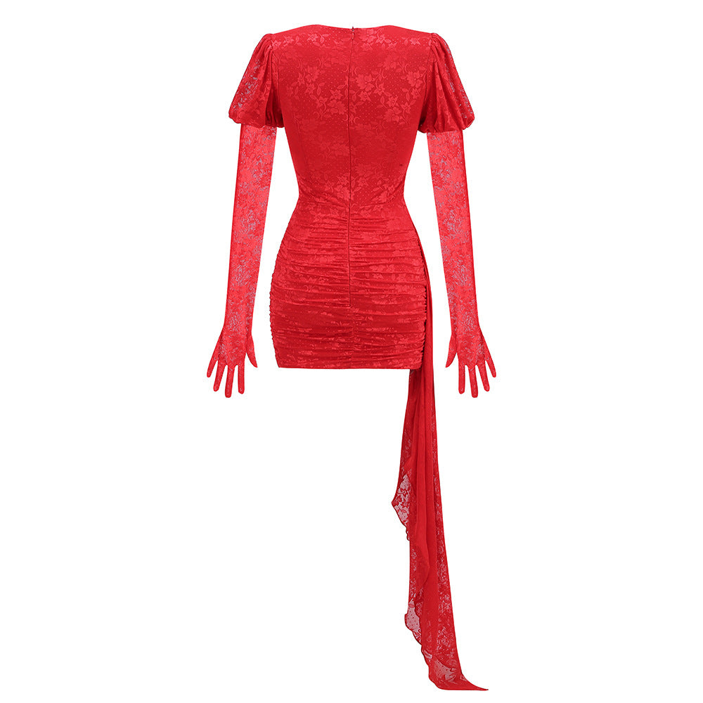 AIIZIE RED CUT - OUT RUCHED MINI DRESS WITH GLOVES - product image