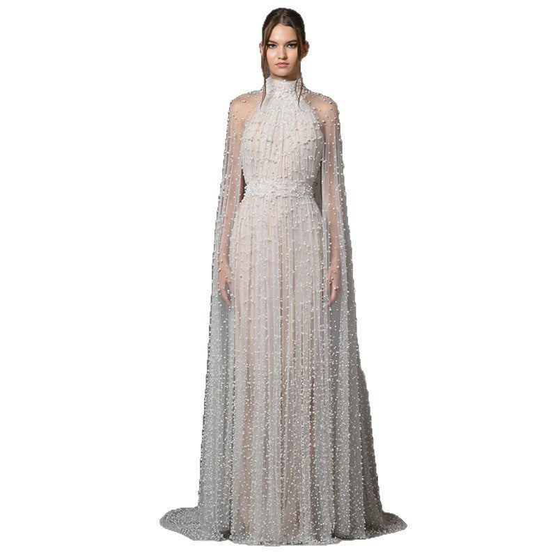 white Nail Bead Mesh maxi Dress