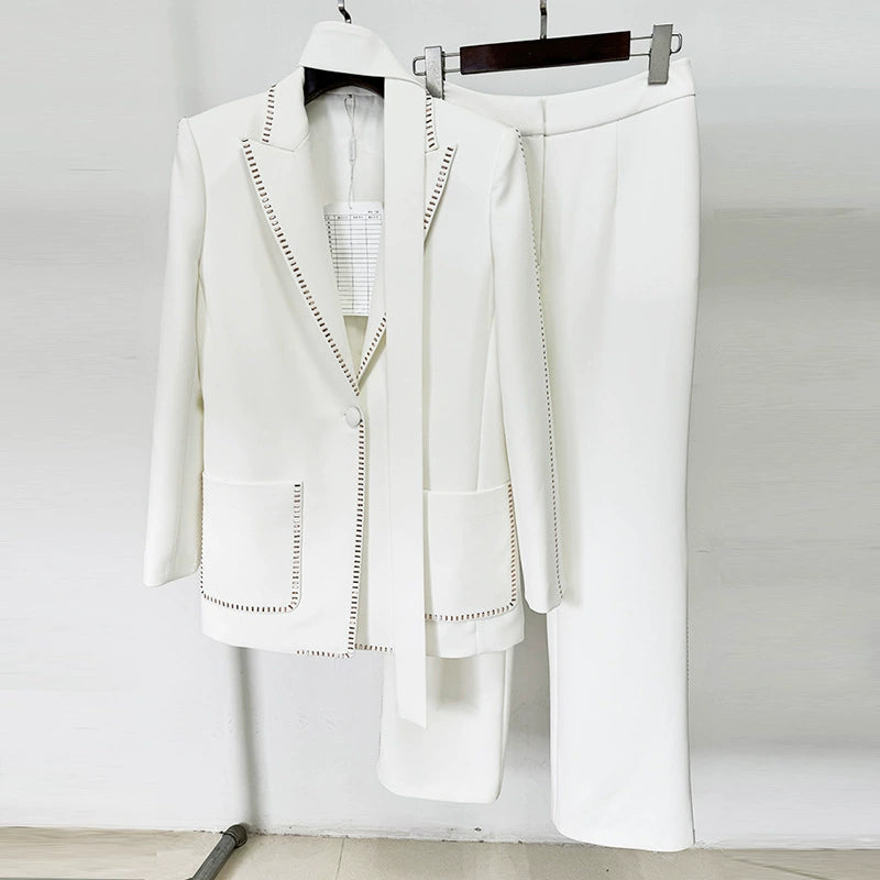 DEBORAH WHITE SCARF-DETAILED WOOL CREPE BLAZER SET