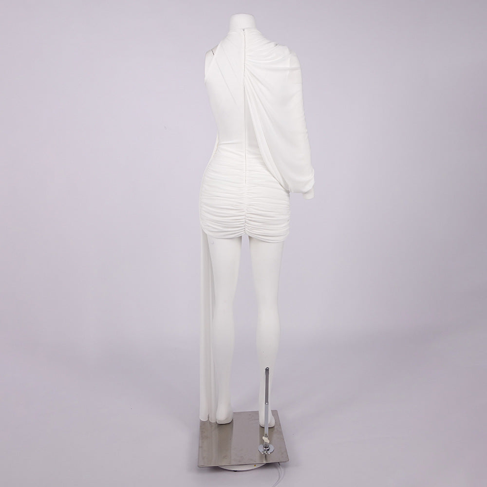 off-shoulder single-sleeve pleated bodycon Ribbon mini dress - white