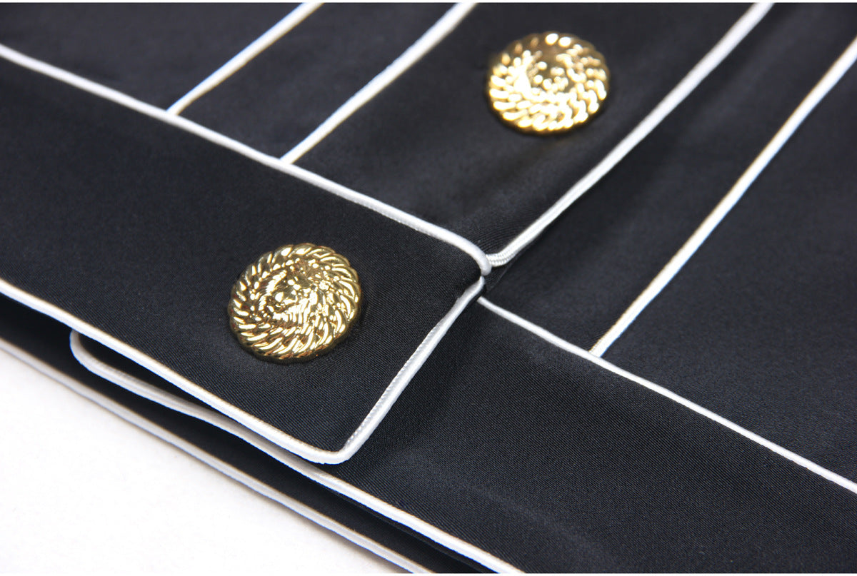 SEVEN-BUTTON BLACK PIPED-TRIM JACKET