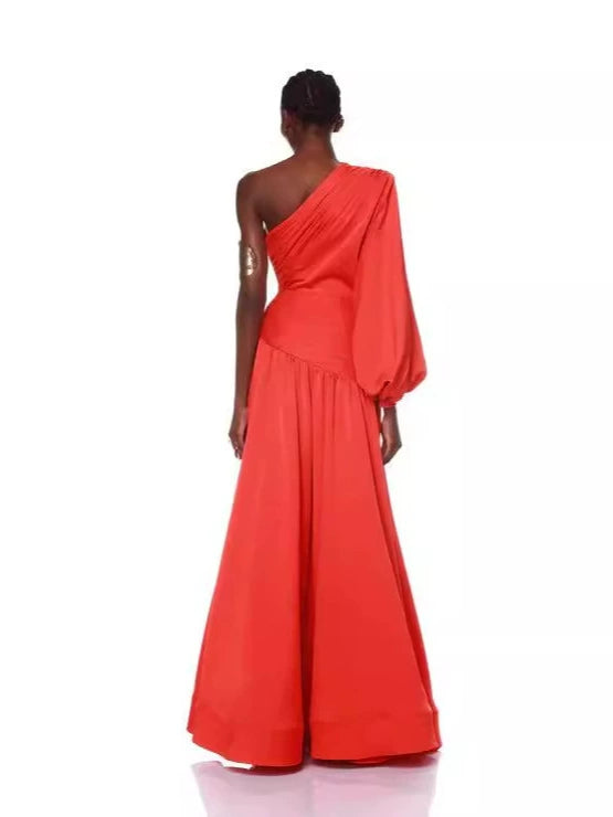 MEGAN RED SATIN PLEAT ONE-SHOULDER LONG SLEEVE MAXI DRESS