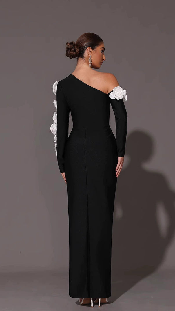 AIIZIE ONE SHOULDER FLOWER EMBELLISHED CUTOUT BANDAGE MAXI DRESS IN BLACK - product image
