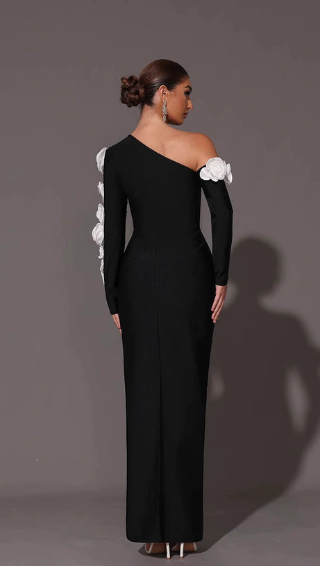 ONE SHOULDER FLOWER EMBELLISHED CUTOUT BANDAGE MAXI DRESS IN BLACK