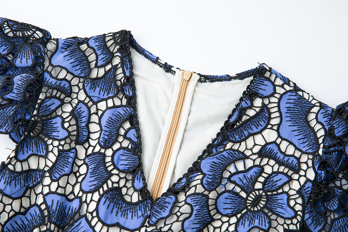 BLUE FLYING SLEEVES HIGH WAIST SLIM FIT FLORAL LACE DRESS