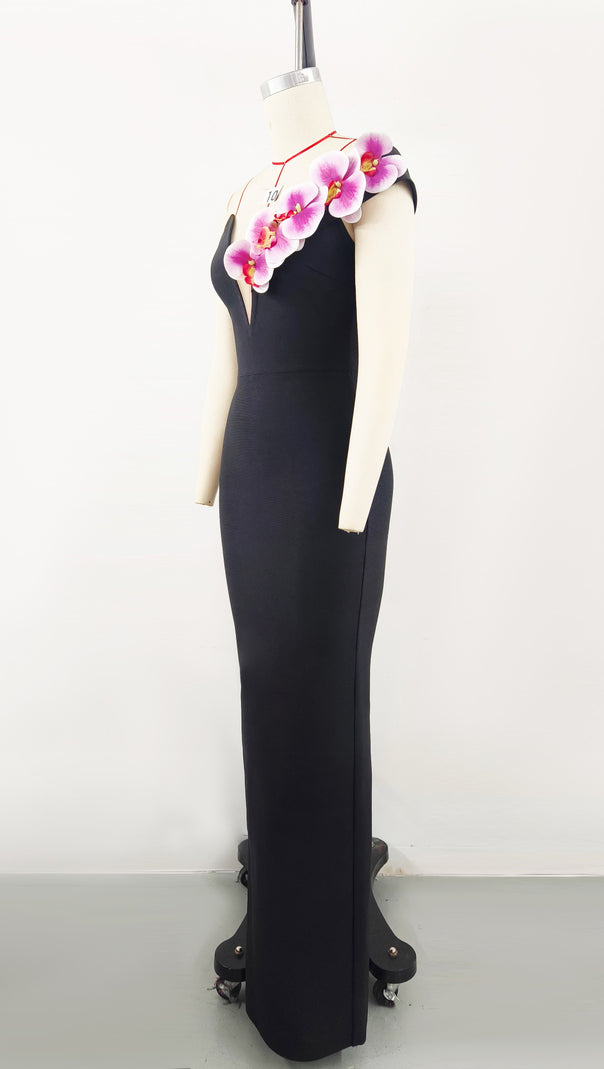 AIIZIE BLACK ONE-SHOULDER FLORAL BANDAGE SPLIT MAXI DRESS - product image