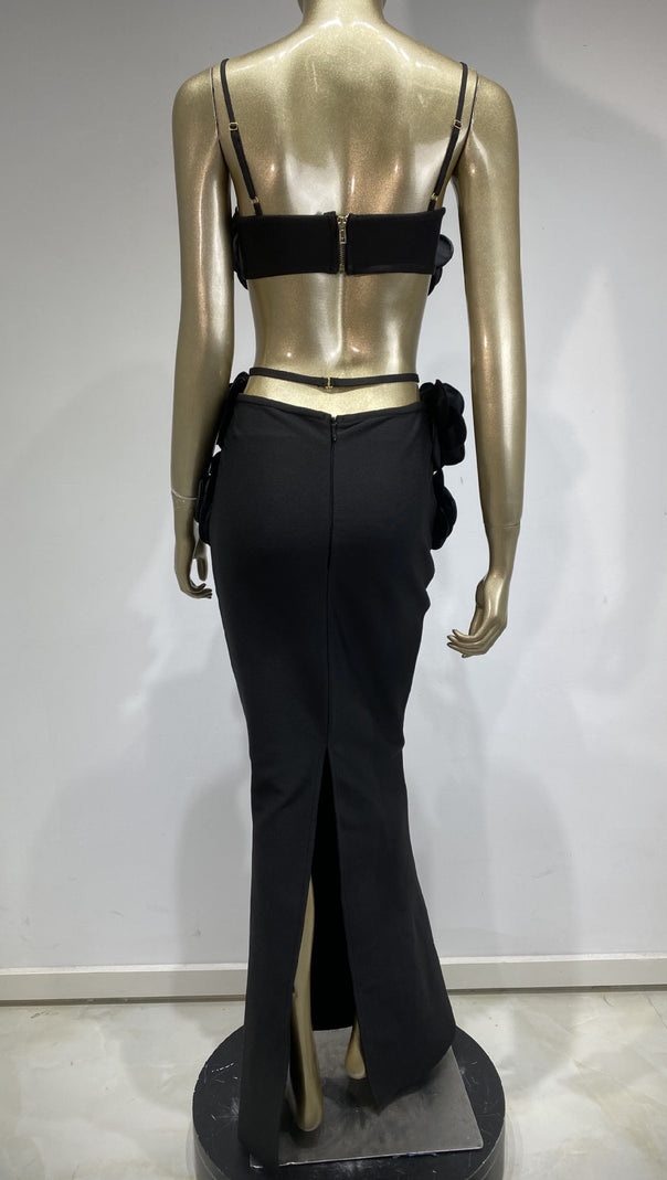 AIIZIE BLACK FLOWERED TOP AND LONG MIDI SKIRT SET - product image