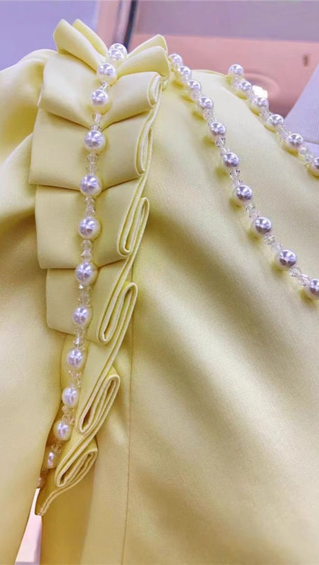 PEARL CRYSTAL EMBELLISHED YELLOW MINI DRESS