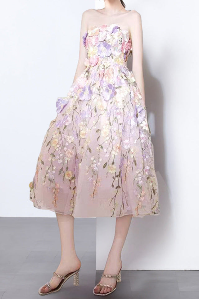 AIIZIE ANNA FLORAL EMBROIDERY MIDI DRESS IN PASTEL PINK - product image