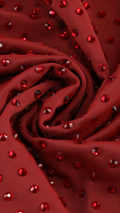 DIAMOND EMBELLISHED PLEATED MIDI DRESS IN MERLOT