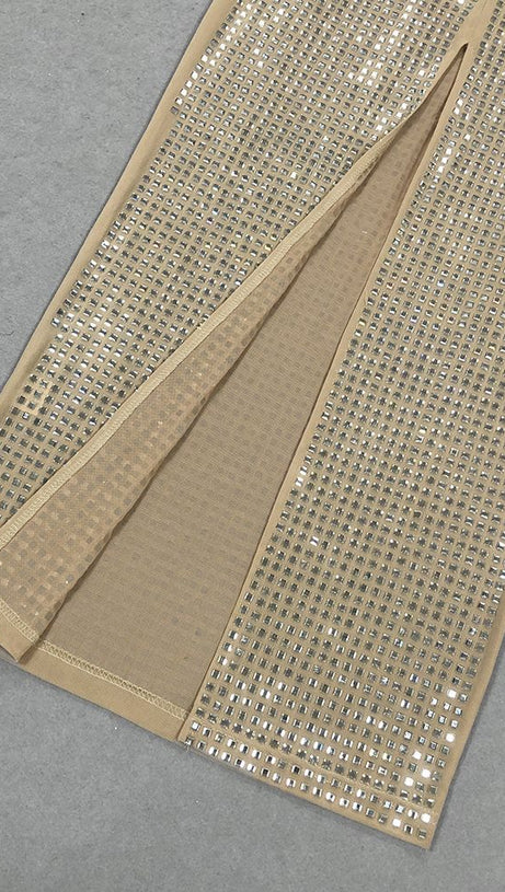 RHINESTONE MESH HALTER NECK MAXI DRESS