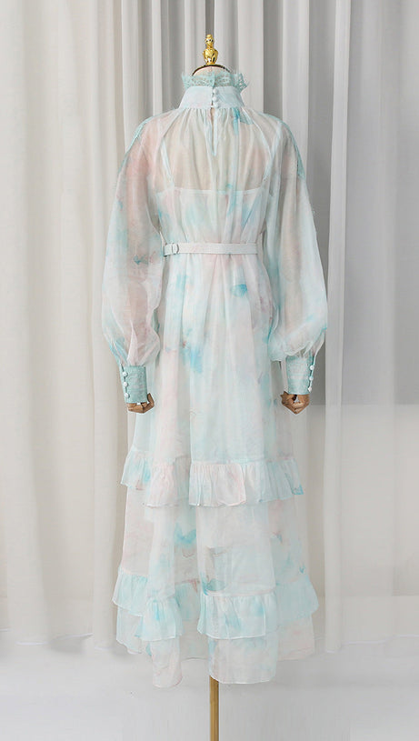 olga floral print  lantern sleeve layer Sheer maxi dress