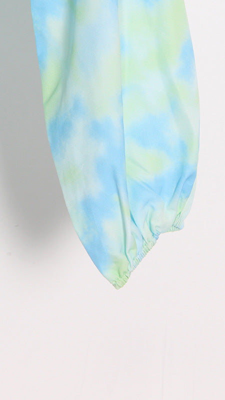 CHIC TIE-DYE TWISTED CUTOUT LONG SLEEVE CROP TOP FOR WOMEN